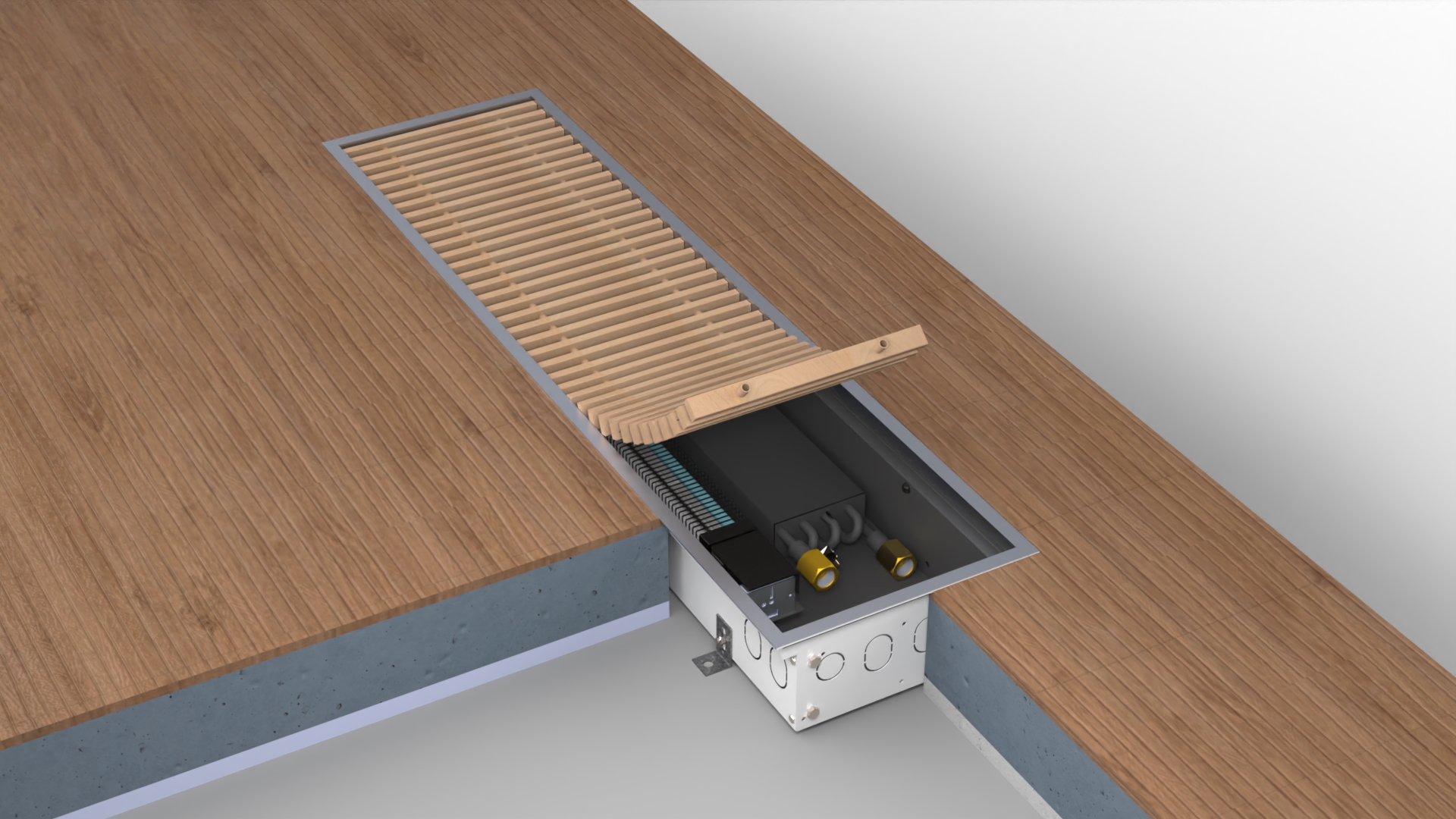 Konvektor podlahový Boki InFloor F1S 250×1300×110 mm s ventilátorem 24 V DC BOKI